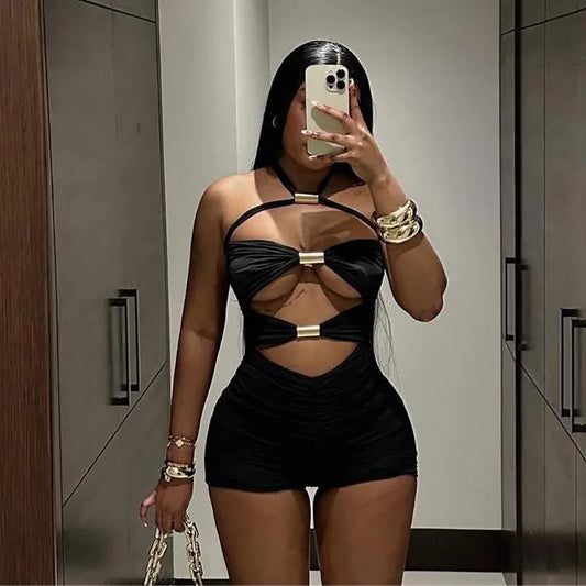 Shorts Street Sexy Babes Solid Color Hollow Sleeveless Neck Strap Jumpsuit Fashion Women's Spring and Summer New Arrivals