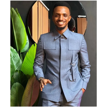Gray Men Suits Stand Collar 2 Pockets African Safari Style Wedding Man Clothing Custom Made Blazer Trousers 2 Pcs Jacket Pants
