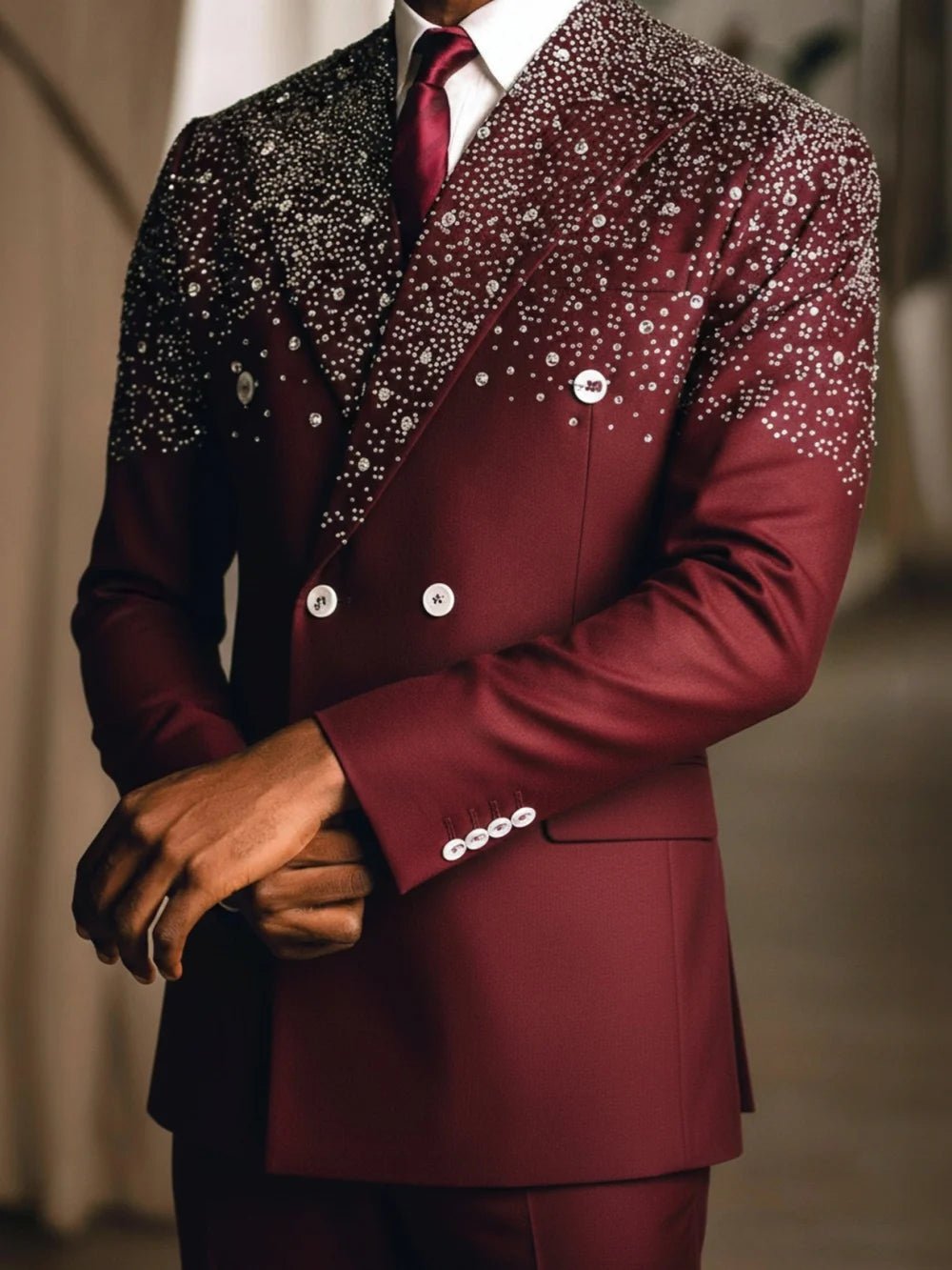 Handsome Wedding Tuxedos Double Breasted Beaded Men Suit Peaked Lapel 2 Piece Set Jacket Pants Groom Business Blazers Customized