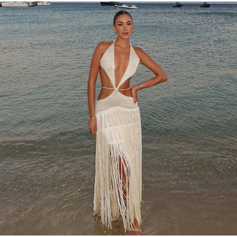 Sexy Knit Tassels Halter Dress Women Hollow Out Backless Lace Up Sleeveless Slim Long Dresses Summer Holiday Beach Robes