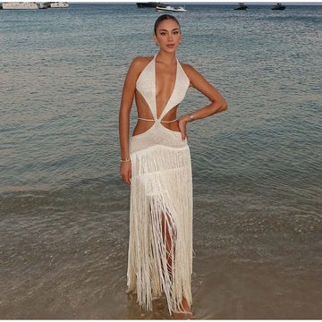 Sexy Knit Tassels Halter Dress Women Hollow Out Backless Lace Up Sleeveless Slim Long Dresses Summer Holiday Beach Robes