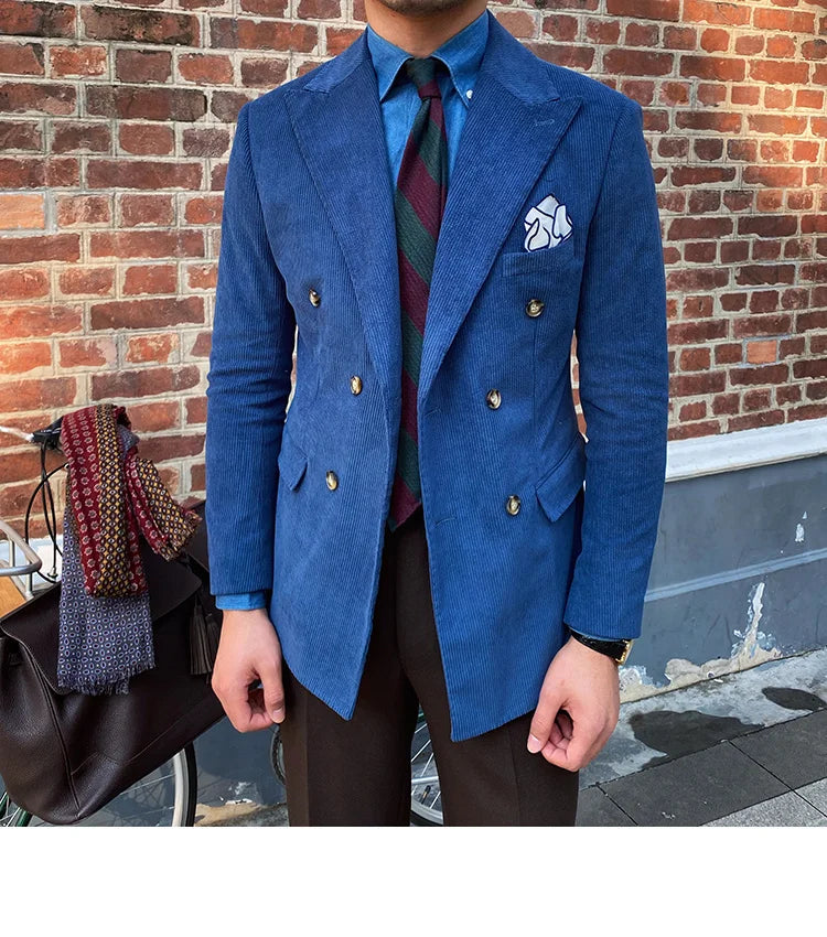 Blazer croisé élégant en velours côtelé bleu pour homme – Veste de costume slim de luxe pour mariages, dîners et événements spéciaux
