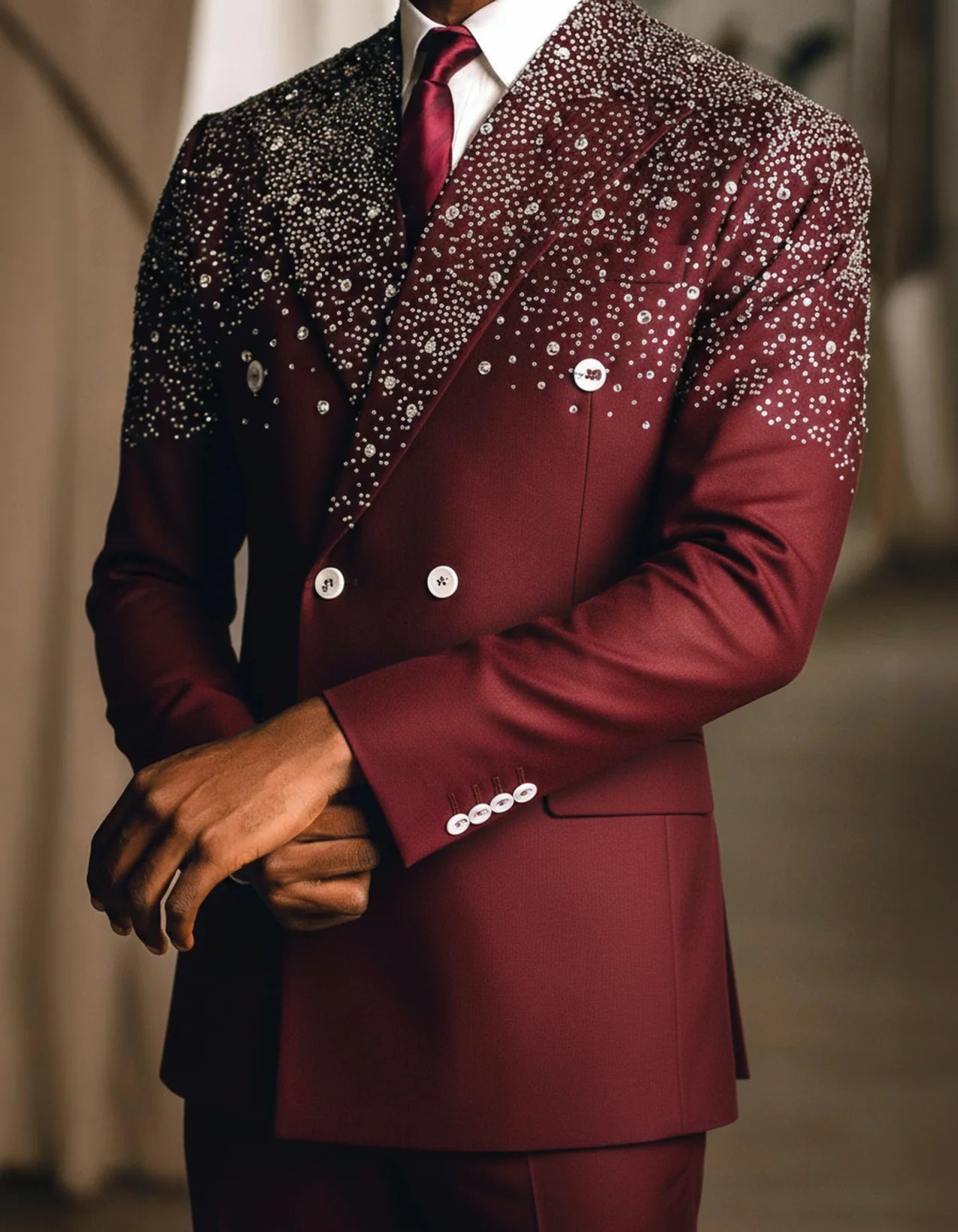 Handsome Wedding Tuxedos Double Breasted Beaded Men Suit Peaked Lapel 2 Piece Set Jacket Pants Groom Business Blazers Customized