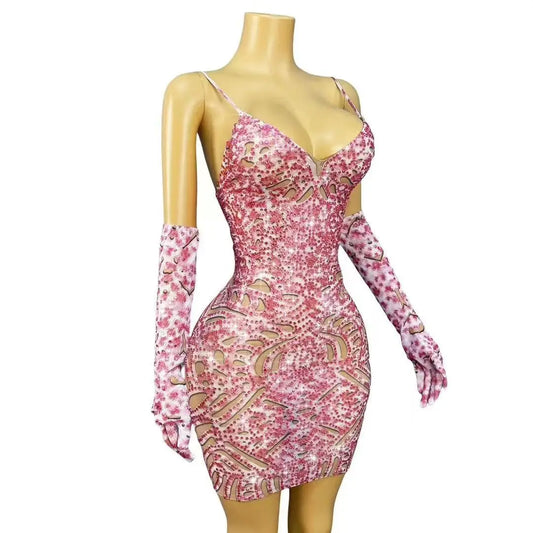 Sparkly Rhinestones Short Skirt Gloves Women Sexy Slip Mesh See Through Evening Prom Celebrate Birthday Dress Photo Shoot Wear