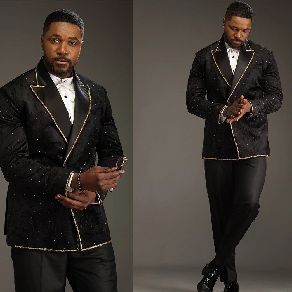 Stylish Men‘s Suit Peaked Lapel Beads 2 Pieces Set Tailor-Made Jacket Rhinestone Blazer Groom Customized Coat Pants