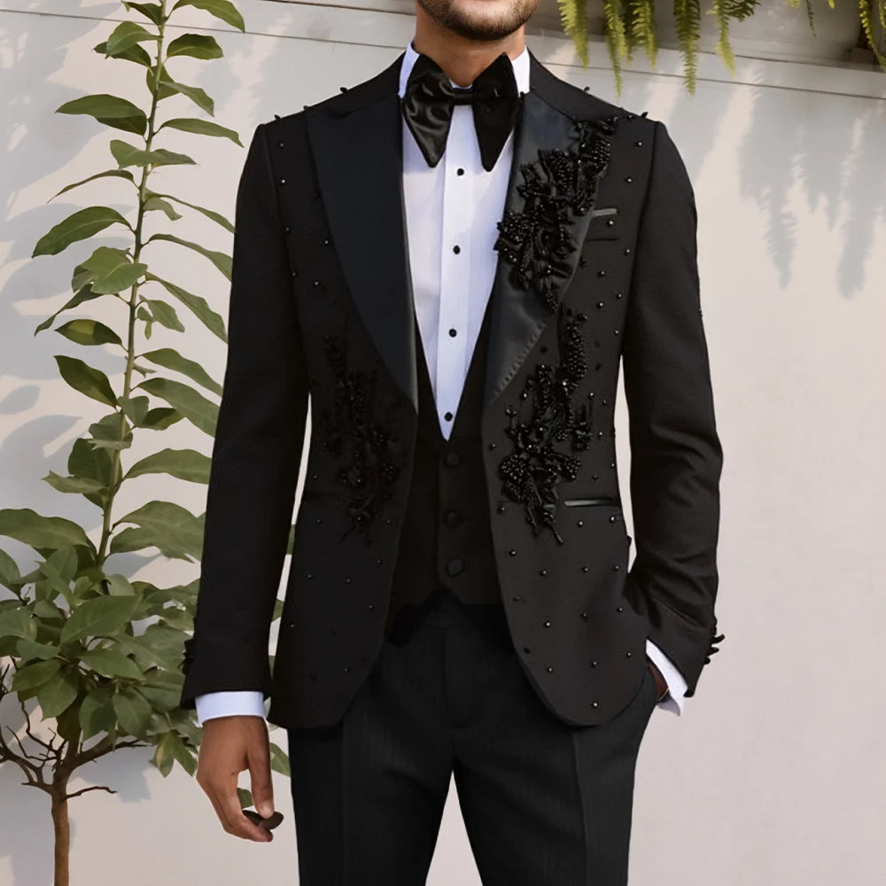Ensemble de costume smoking 3 pièces pour homme, perles faites à la main, coupe ajustée, personnalisé, mode marié, mariage, formel, sur mesure, veste, gilet, pantalon