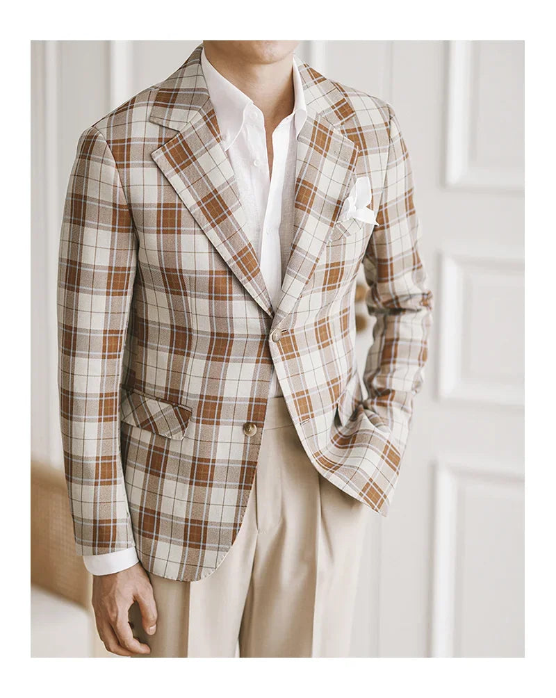 Men's Brown and White Plaid Blazer Single-Breasted Two-Button Casual Jacket