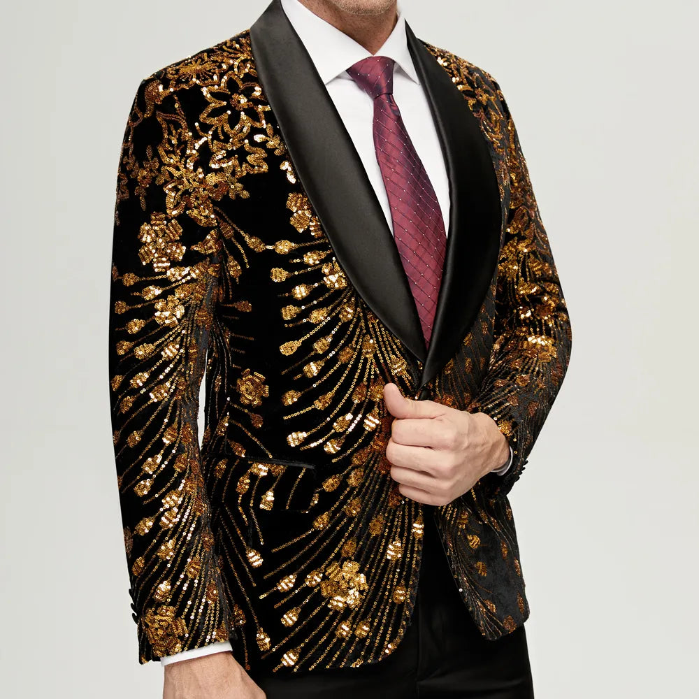 Blazer à paillettes dorées pour homme, coupe slim, un bouton, costume de soirée, mariage, scène 