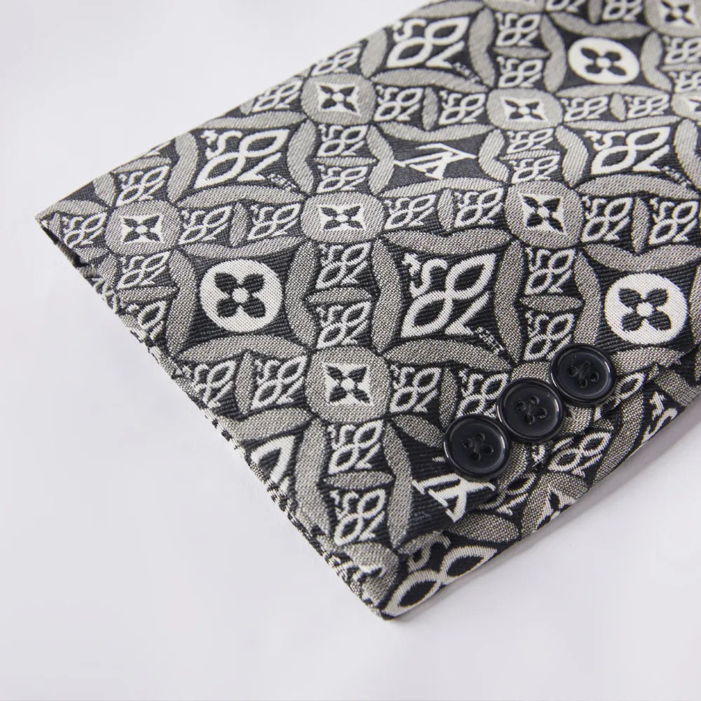Traje de hombre con cuello de fruta verde jacquard en blanco y negro, estilo occidental, de dos piezas, ajustado, para banquetes 