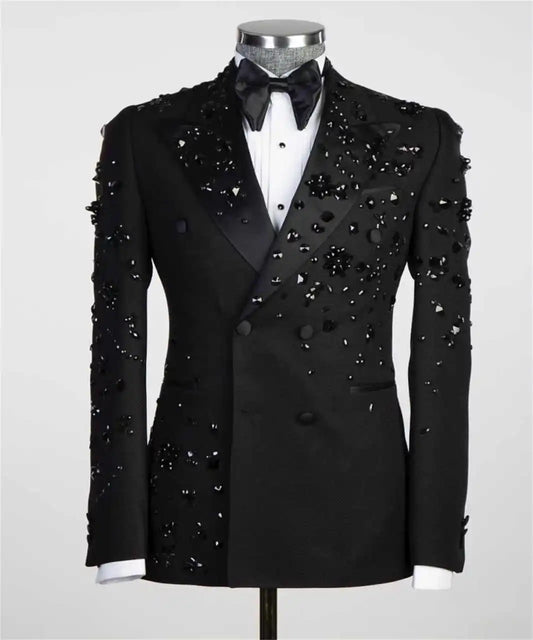 Luxury Men's Suit Coat Peaked Lapel Tuxedos Double Breasted Crystal Groom Wear Business Party Only Blazer Customized