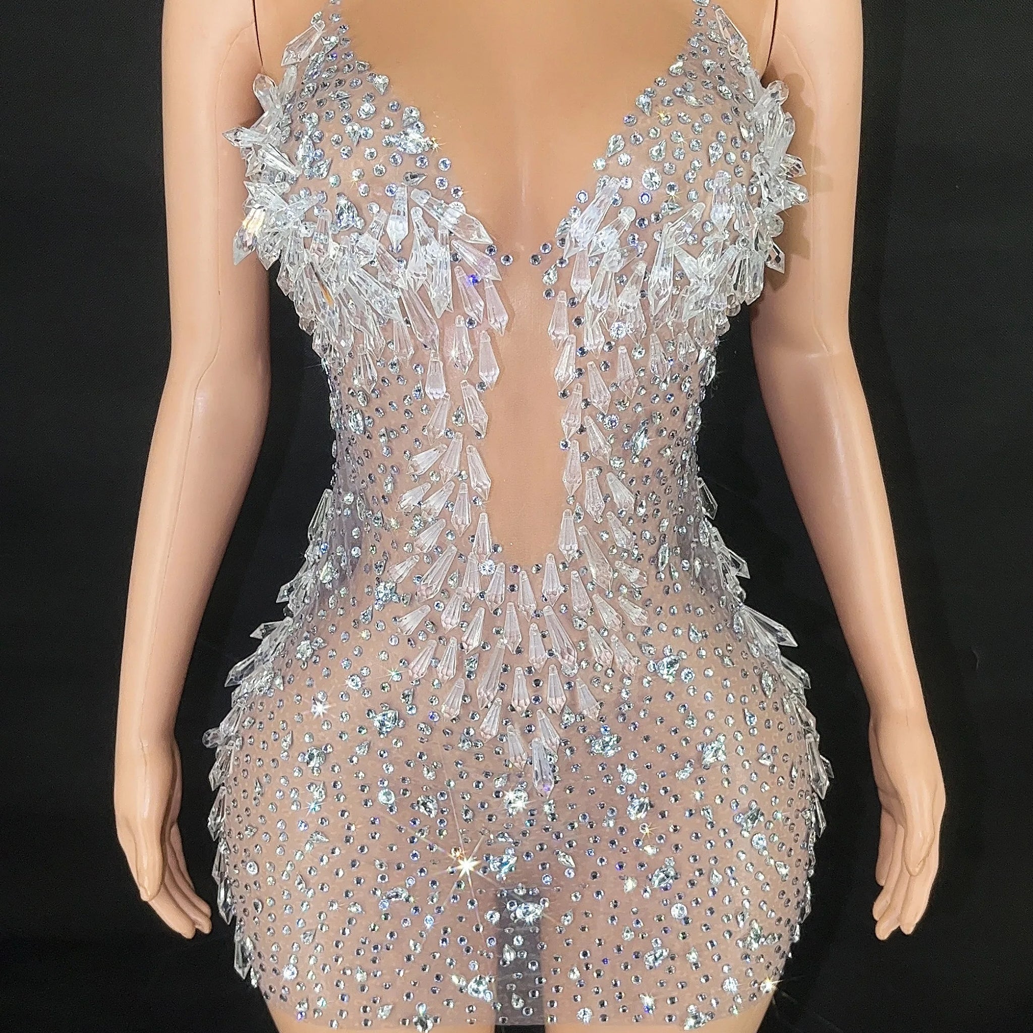Women Sparkly Rhinestone Crystals Mesh Short Dress Sexy See Through  Stage Performance Outfits Party Nightclub Stage Costume