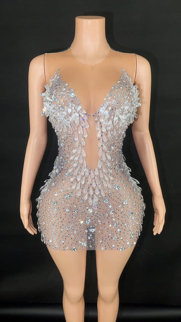 Women Sparkly Rhinestone Crystals Mesh Short Dress Sexy See Through  Stage Performance Outfits Party Nightclub Stage Costume