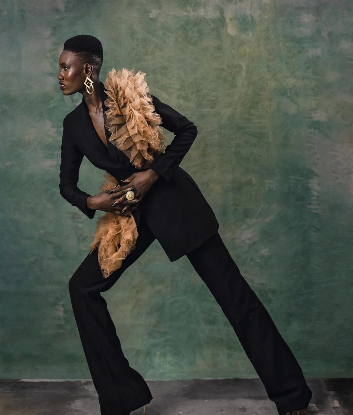 Chaqueta larga negra para mujer, traje de madre de la novia con pantalones y flores, abrigo con volantes para dama, ropa de fiesta de graduación, 2 piezas 