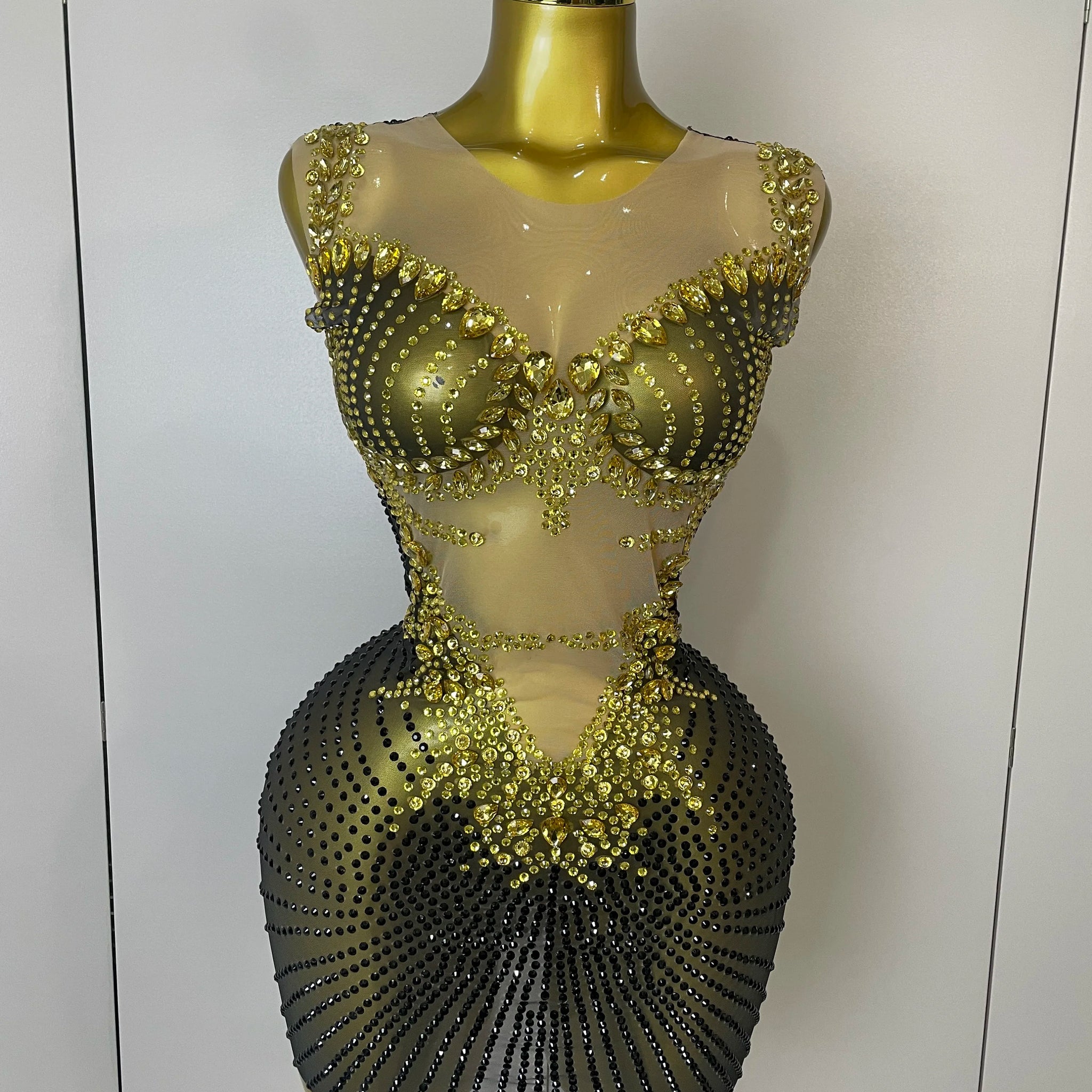 Sparkly Gold Rhinestone Transparent Sleeveless Mini Dress Evening Birthday Celebrate Party Nightclub Performance Costume