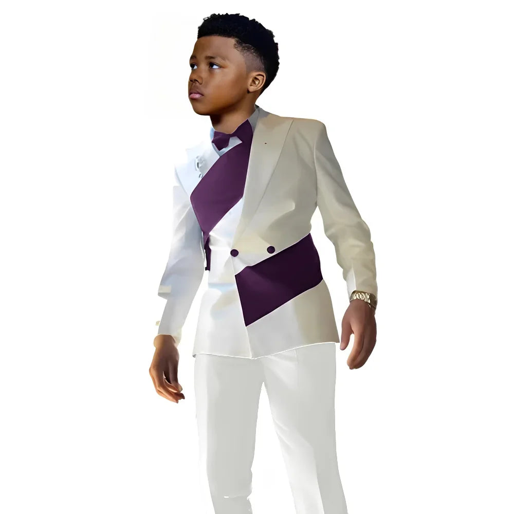 Satin Boys Suit 2 Pieces Set Double Breasted White Jacket with Pants Wedding Tuxedo Kids for 2-16 Years Old Boy Slim Fit Suit
