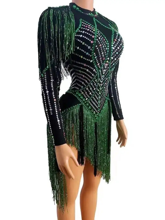 Nightclub Outfit Show Stage Wear Sparkly Rhinestones Tassel Leotard Sexy Dance Costume Crystals Black Green Fringes Bodysuit