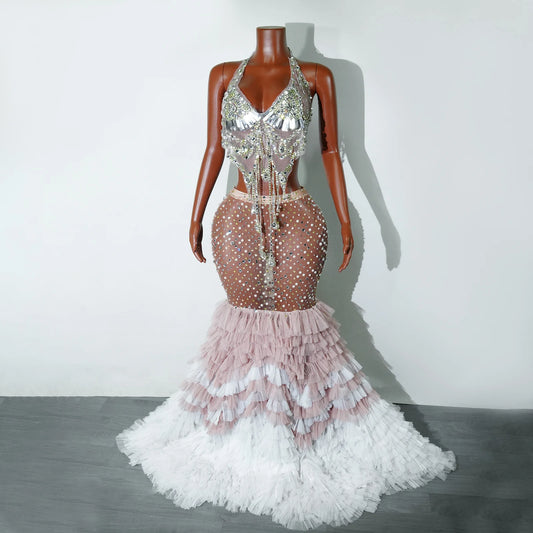 Sexy Stage Sparkly Rhinestones Pearls Long Feathers Dress Women Birthday Celebrate Wedding Evening Prom Photoshoot Dress