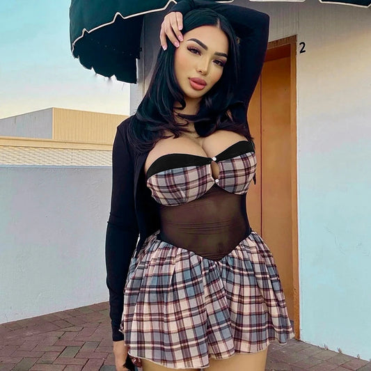 Women Plaid Mesh Patchwork One Shoulder Sheath Button Hollow Out Backless Pleated Ultra Short Dress Hottie Y2K Dress