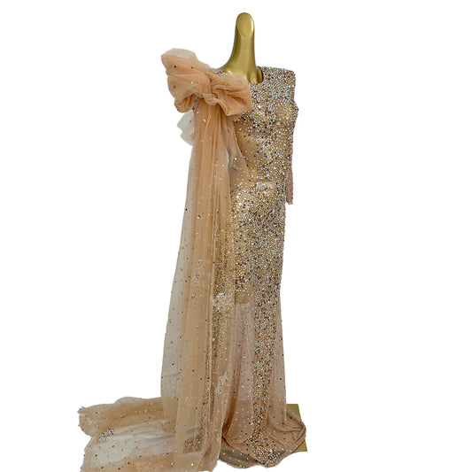 Luxury See Through Mesh Crystals Maxi Dresses Birthday Wedding Party Dress Ladies Bodycon Formal Prom Evening Dress