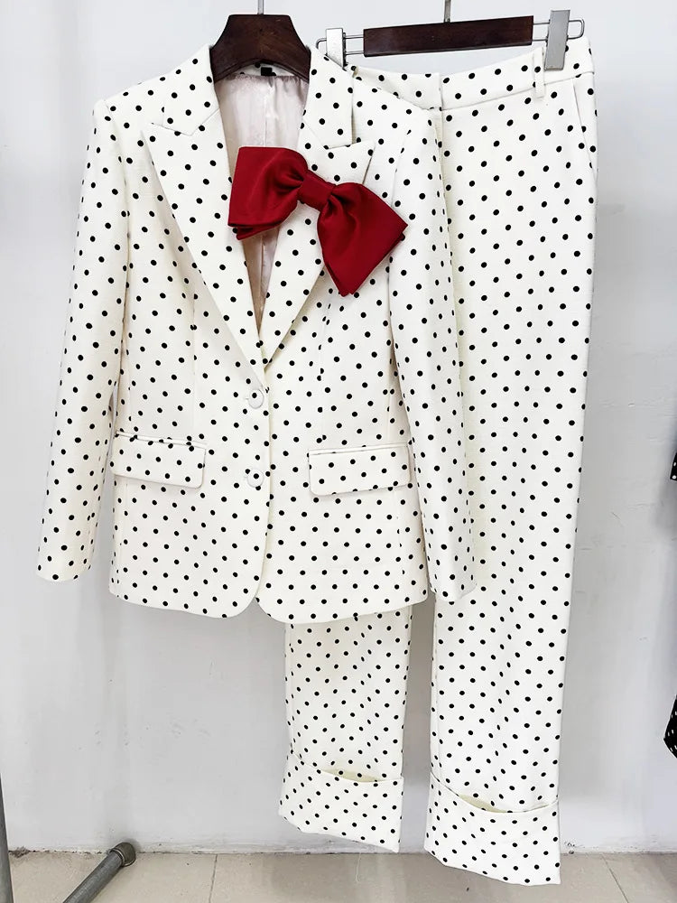 Designer Suit Women Bow Decorated Polka Dot Blazer Pants Set 2PCS