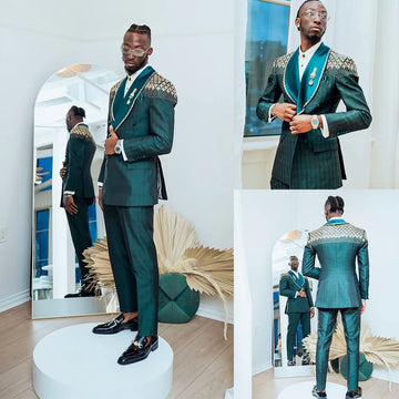 Vintage Men Suits Shawl Lapel Beading Tailor-Made 2 Pieces Set Jacket Blazer Crystal Jacquard Groom Party Customized Coat Pants