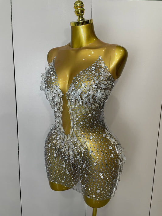 Robe courte sexy en maille et cristaux pour femme, tenue de soirée, de discothèque, de spectacle, de chanteur
