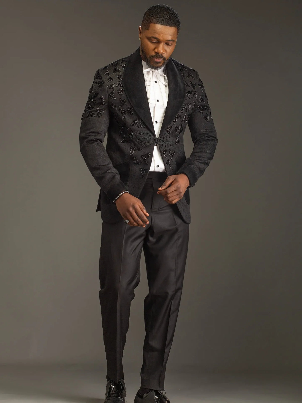Handsome Men's Suits Jacquard2 Pieces Set Tailor-Made Jacket Beading Blazer Shawl Lapel One Button Groom Customized Coat Pants