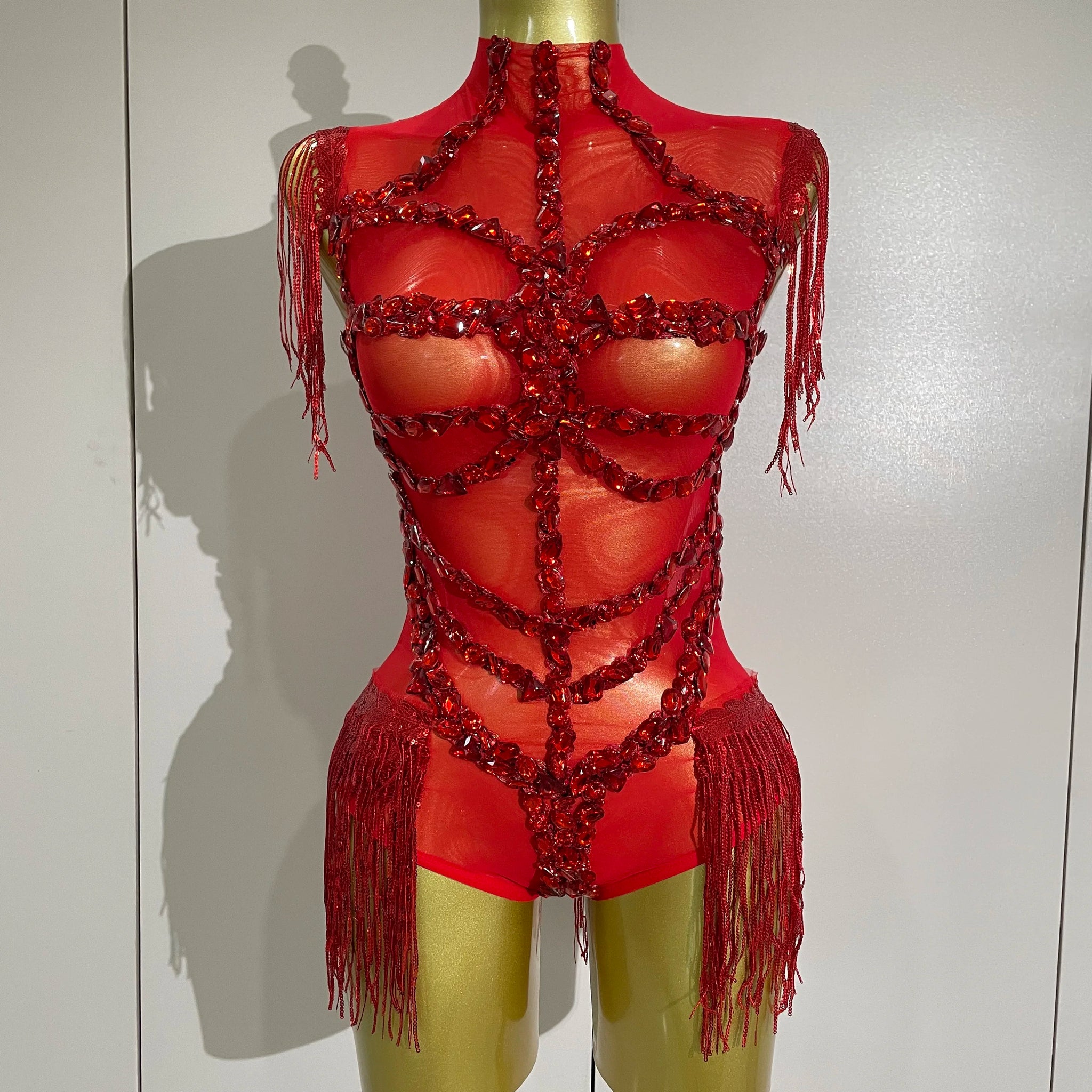 Sparkly Red Rhinestone Tassel Sexy Mesh See Through Bodysuit Women Celebrate Birthday Party NightClub Singer Dancer Stage Wear