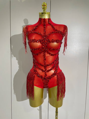 Sparkly Red Rhinestone Tassel Sexy Mesh See Through Bodysuit Women Celebrate Birthday Party NightClub Singer Dancer Stage Wear
