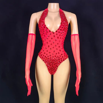 New Women Sexy Crystals Red Rhinestones Bodysuit with Gloves Sleeve Nightclub Bar Dancer Shorts Sets Stage Performance Outfit