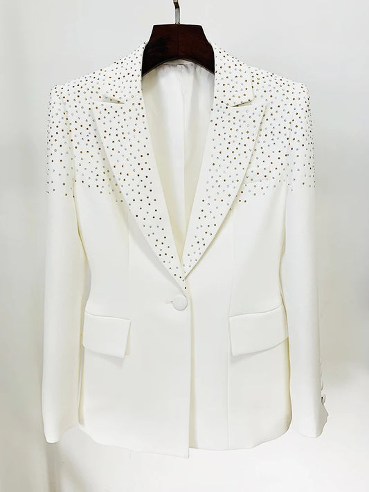 Designer Jacket Women's Slim Fit Single Button Rhinestone Diamonds Beaded Blazer Coats