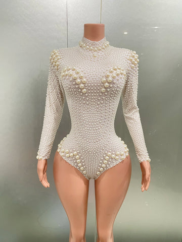 Robe de soirée sexy à manches longues pour femme, tenue de soirée moulante et élastique, avec perles blanches, idéale pour DJ et chanteuse