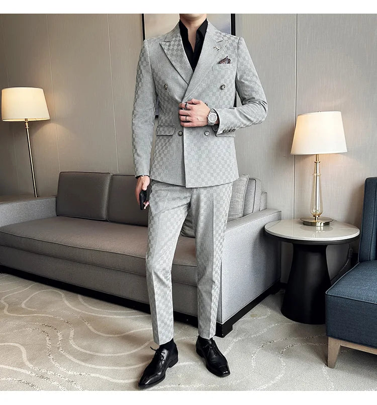 Elegant Double-Breasted Navy Checker Suit for Men – Custom Tailored Business & Wedding Attire, Stylish Formalwear Set