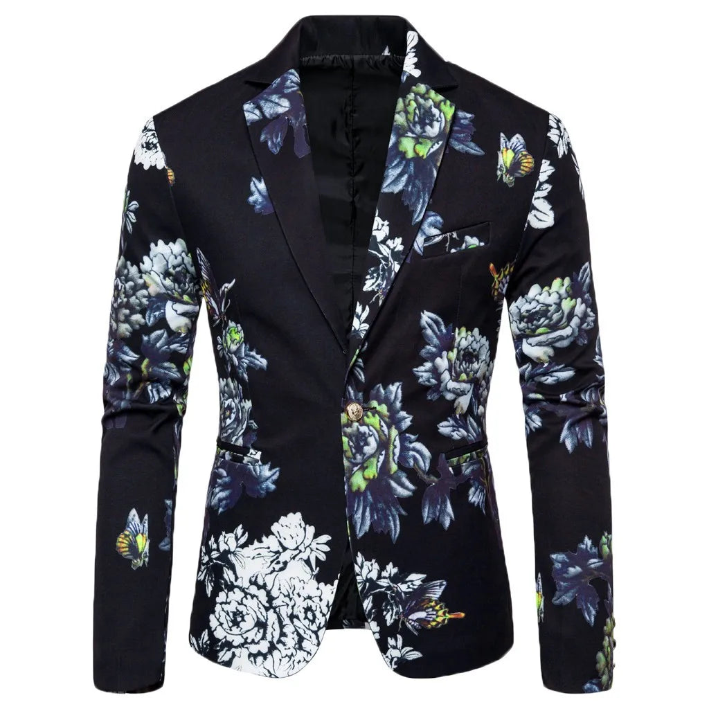 Men's Flower Print Blazer Long Sleeved Lapel One Button Formal Suit Jackset Male Business Wedding Party Outwear Coat Suit Tops