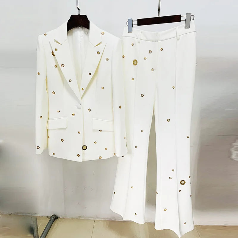 Runway Pantsuits for Women Designer Fashion White Suit Set Wedding Single Button Rivet Eyelet Lapel Blazer Pants Set 2pcs