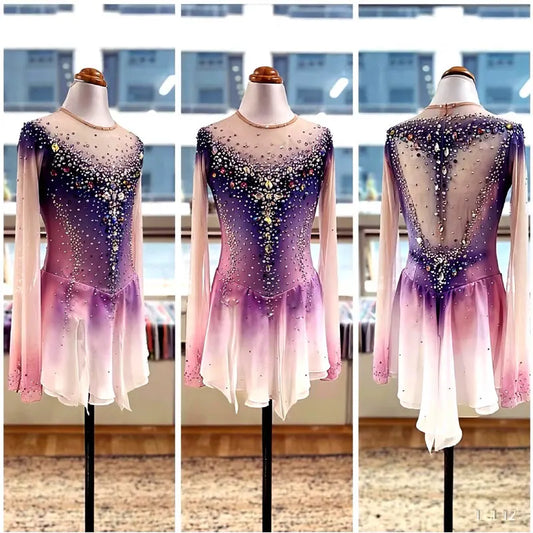 Figure Skating Performance Dress, Children's Adult Competition Grading Dress, Kosten Diamond Studded Gradient
