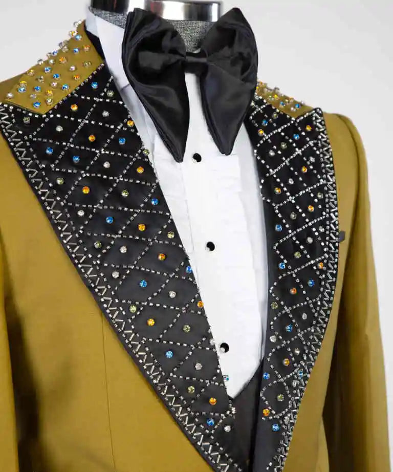 Bling Wedding Tuxedos Beading Beaded One Button Men Suit Peaked Lapel 2 Piece Set Jacket Pants Groom Blazers Customized