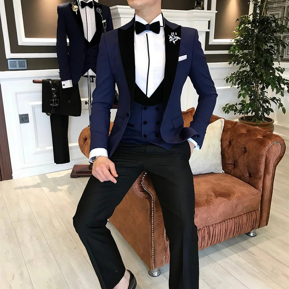 Costume homme bleu marine 3 pièces, dernier design, revers en pointe, blazer à un bouton, smoking de mariage, costume slim décontracté et élégant