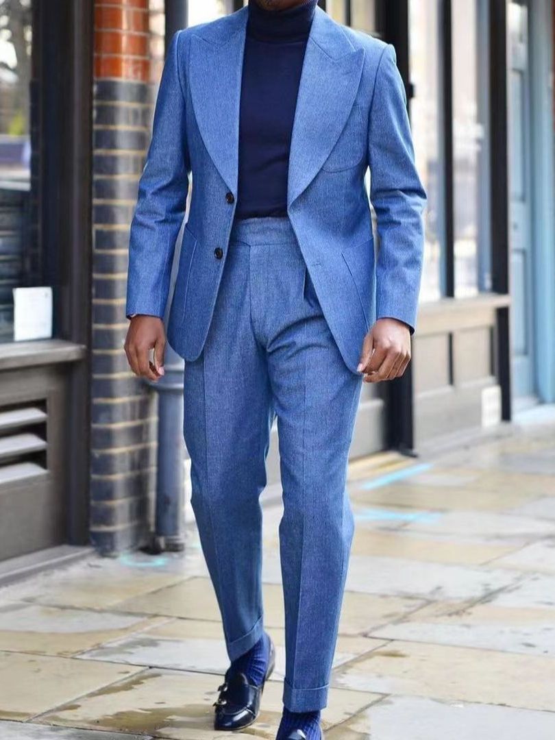 Trajes de boda de lino azul de 2 piezas para hombre, esmoquin formal ajustado personalizado para caballero, trajes casuales de negocios. 