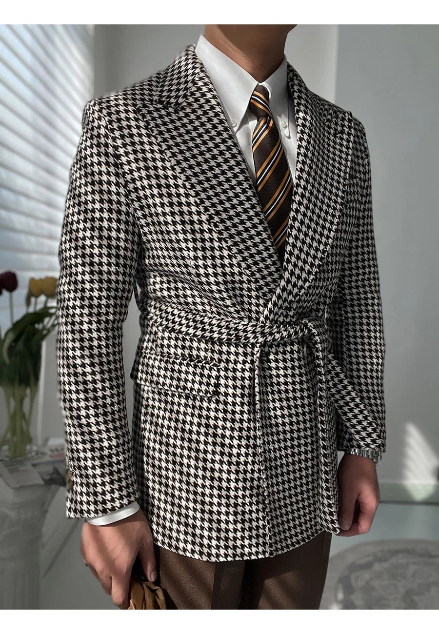 Houndstooth Woolen Blen Dplaid Retro Casual Men's Coat Slim Long Sleeve Belt Suit 2PC