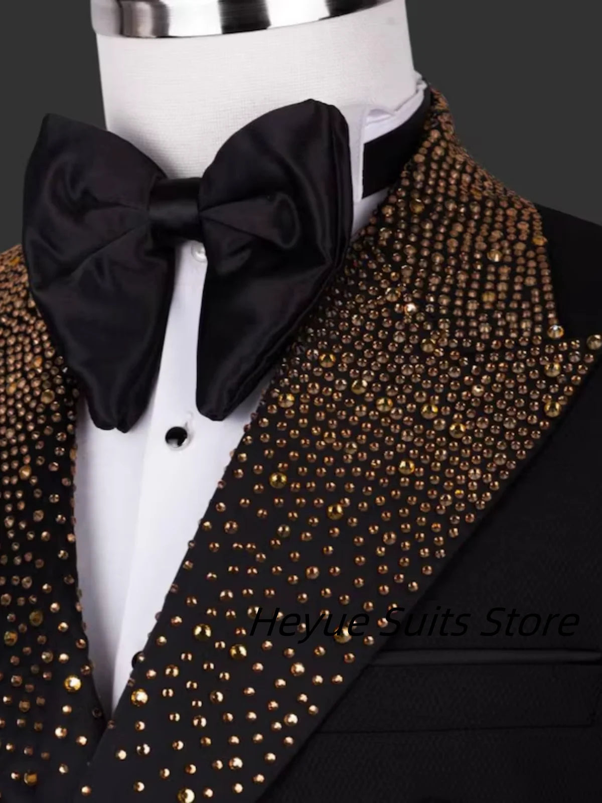 Elegant Golden Beads Men Suits Slim Fit Lapel Customized Groom Party Tuxedos 2 Pieces Sets Male Blazers Fashion