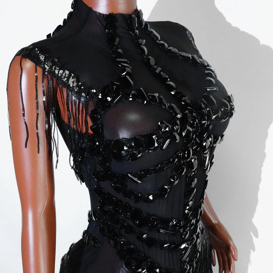 Body sexy en maille transparente noire avec strass pour chanteuse, danseuse, spectacle, tenue de scène, fête, boîte de nuit, performance