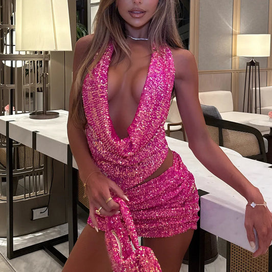 Sexy Sequin Skirts Sets Women Slim Halter Neck Backless Sleeveless Tops Mini Skirt Female 2025 Summer Fashion Beach Lady Sets