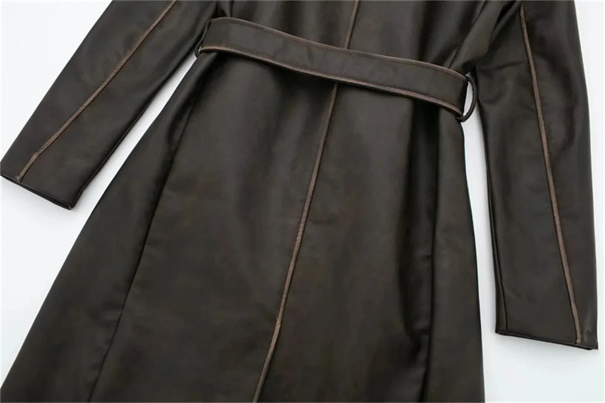 Winter Leather Women Suit Long Blazer with Belt Clothes Female Overcoat Business Work Wear Jacket Casual Hot Girl Coat