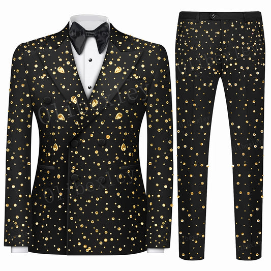 Luxury Full Crystal Tuxedos for Men Wedding Slim Fit Tailored Peaked Lapel Jacket 2 Pieces Male Costume Groom for Prom