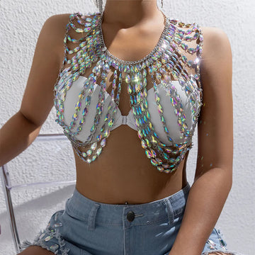 Chaîne de corps chic et brillante en pierres précieuses colorées pour femmes, sexy, multicouches, pompon, cristal, poitrine, soutien-gorge, bikini, gilet, bijoux de fête, cadeaux 
