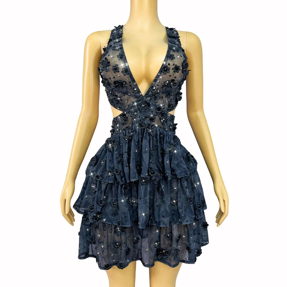 Luxurious Sexy V-neck Backless Black Dress Shining Rhinestones Petals Gowns Party Celebrate Evening Photoshoot Stage Wear