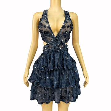 Luxurious Sexy V-neck Backless Black Dress Shining Rhinestones Petals Gowns Party Celebrate Evening Photoshoot Stage Wear