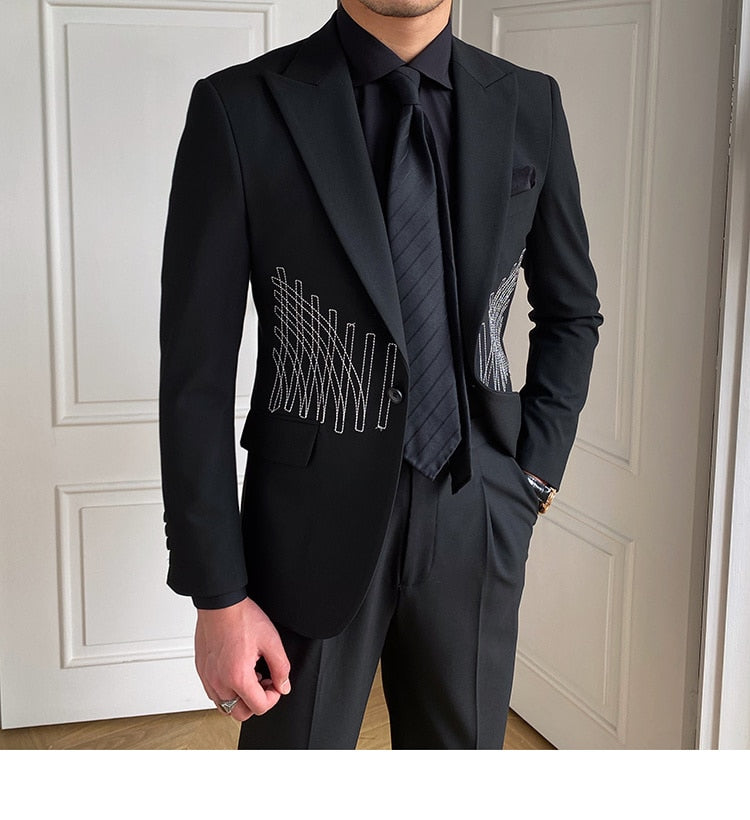 Embroidery Patterns Suit Two Piece Wedding Party Suit Groom Banquet Suit Slim