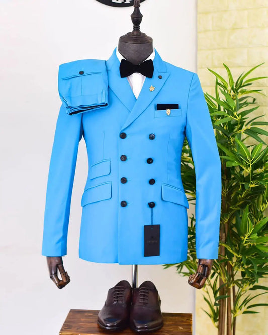 Simple Men Suits Notched Lapel Blazer 2 Piece Set Tuxedo Double Breasted Unique Design Groom Coat Customized Jacket Pants